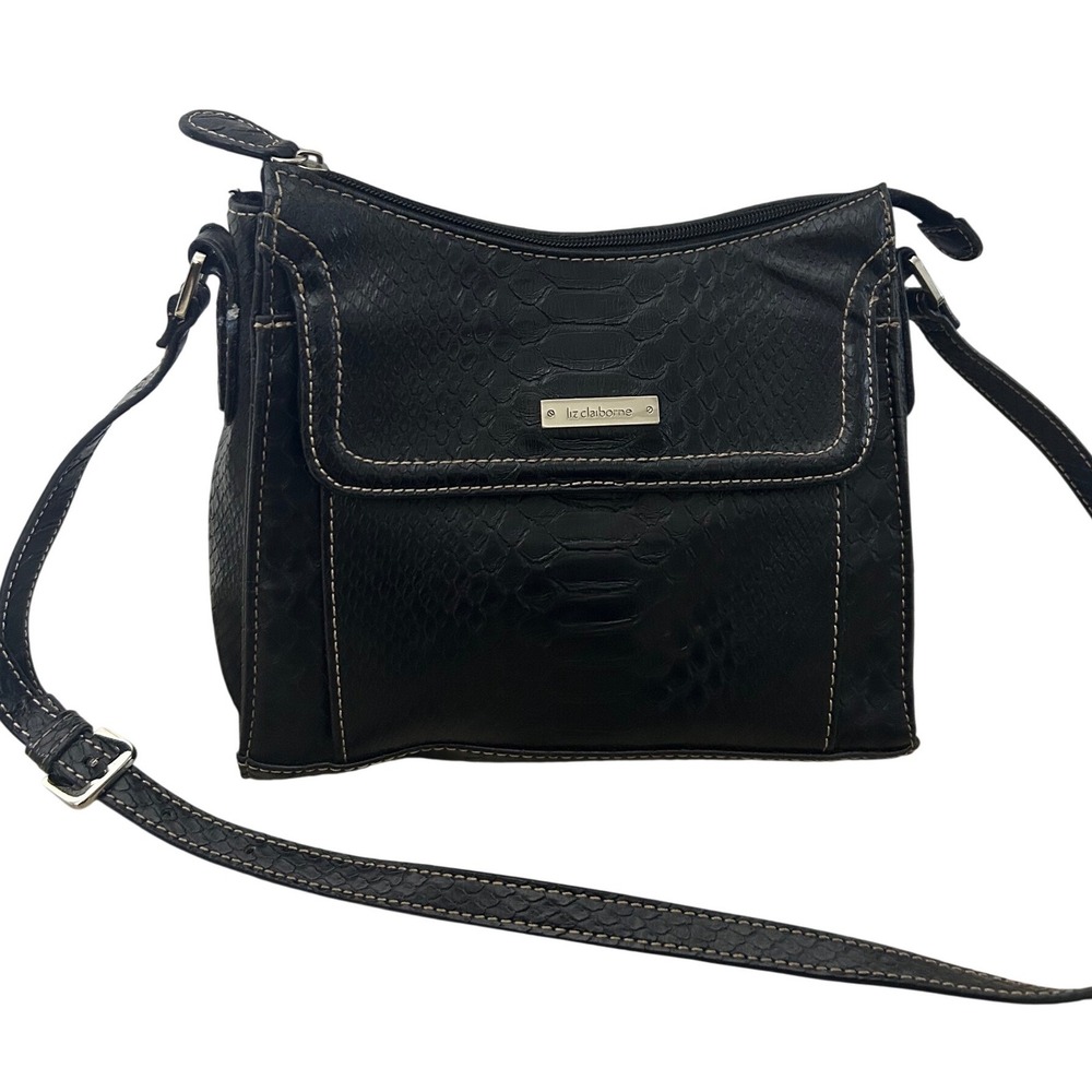 Liz Claiborne Black Snake Embossed Crossbody Bag Shoulder Bag‎
